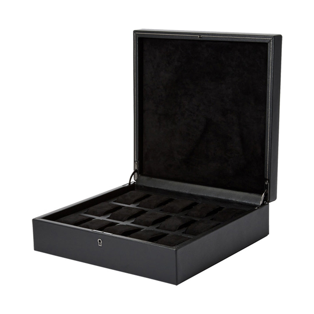 The WOLF 1834 British Racing 15 Piece Watch Box by WOLF is an open black vegan leather box with multiple compartments and a soft interior lining, ideal for holding and displaying wristwatches. It boasts a sleek and elegant design, perfect for neatly organizing watch storage.