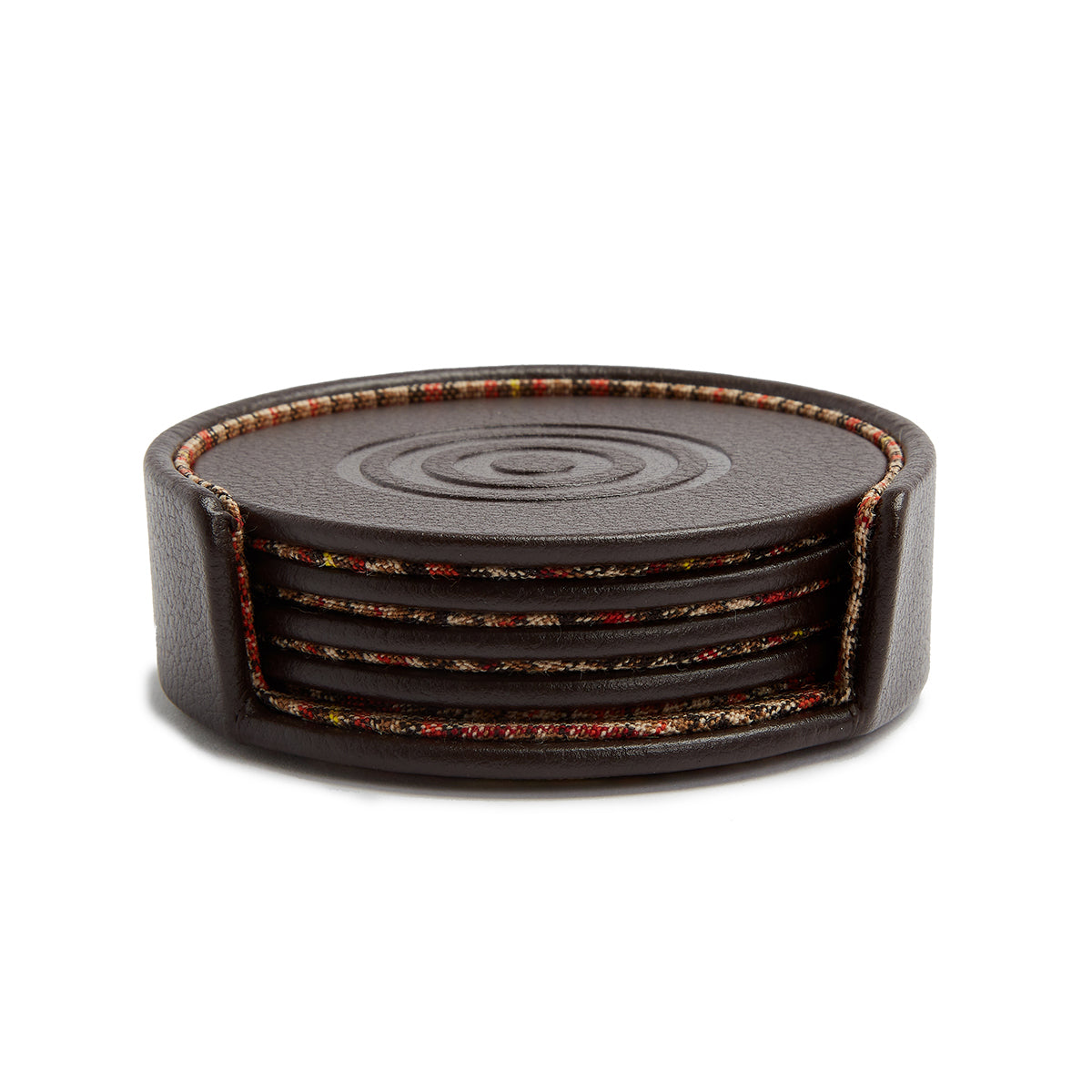 A set of four WM Brown coasters from WOLF 1834, crafted with brown leather and boasting a subtle spiral design along with textured, multicolored edges. The accompanying case, inspired by the WOLF brand, features an open side for convenient access.