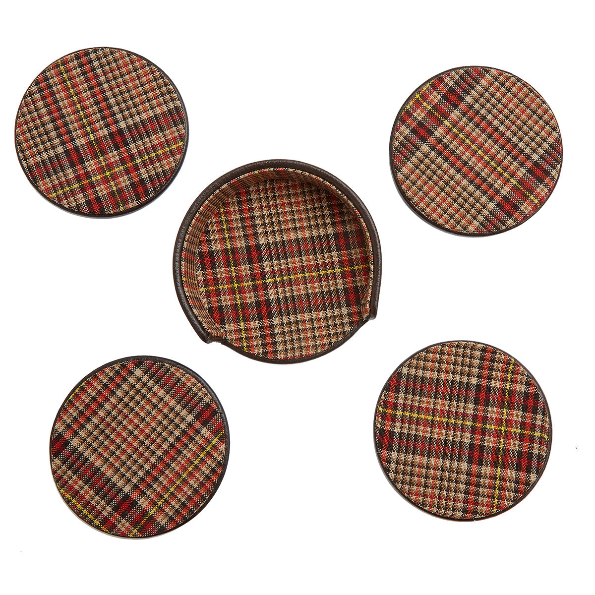 A set of four round WOLF coasters, featuring a brown, red, green, and cream plaid pattern reminiscent of Negroni tweed, neatly arranged in a holder.