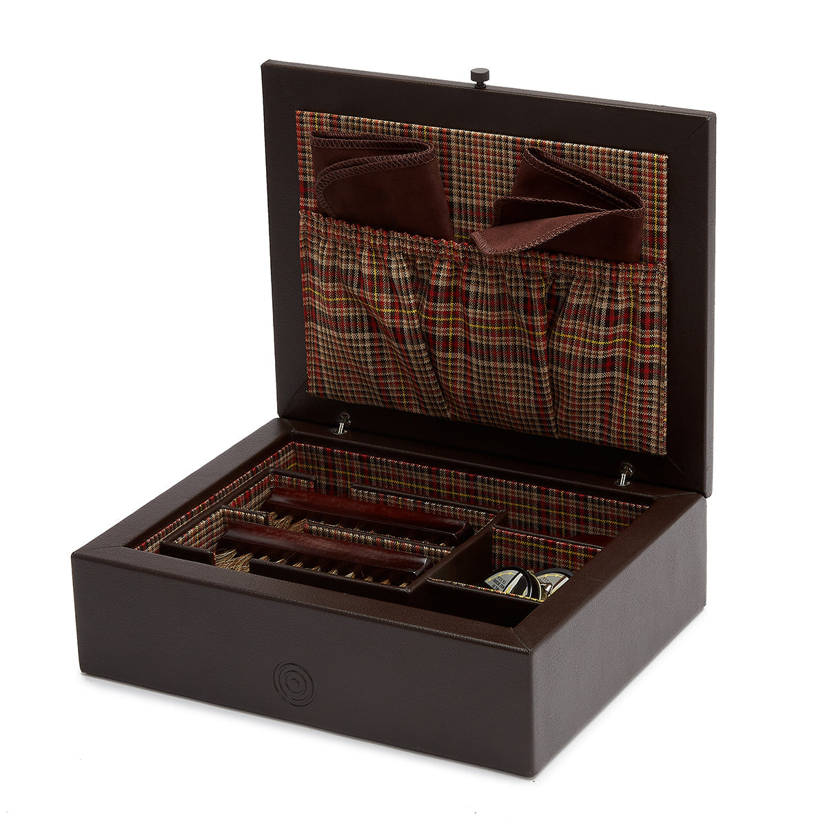 Introducing the WOLF 1834 WM Brown Shoe Shine Case by WOLF: an elegant open case crafted from dark brown leather. It features designated compartments to help you organize your shoe shine accessories effortlessly. The luxurious interior is lined with Negroni tweed fabric and includes leather pockets on the lid, providing an ideal space for storing various small items.