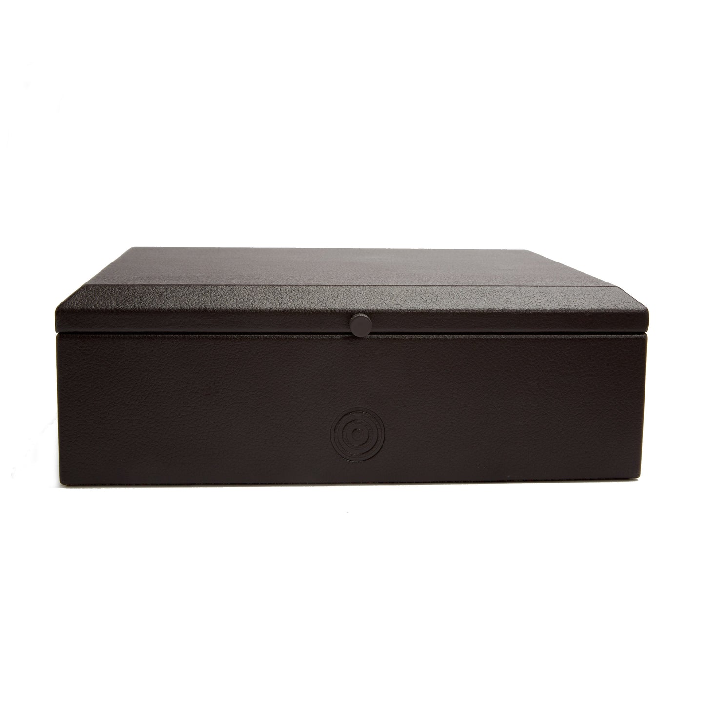 Introducing the WOLF 1834 WM Brown Shoe Shine Case by WOLF, a closed box featuring a rich dark brown texture accented with a circular emblem on the front. Reminiscent of a traditional shoe shine case, it showcases an elegant design with a flat lid and subtle button-like detail at the front edge, embodying a sophisticated fusion of tradition and utility.