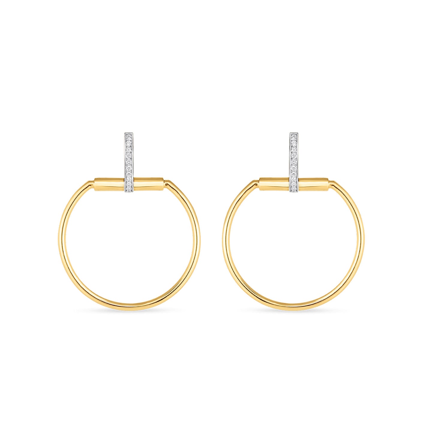 The Roberto Coin Classica Parisienne 18K Yellow Gold Diamond Door-Knocker Hoop Earrings, featuring vertical silver bars embellished with diamond-like stones, exude a chic Parisian flair against a plain white background.