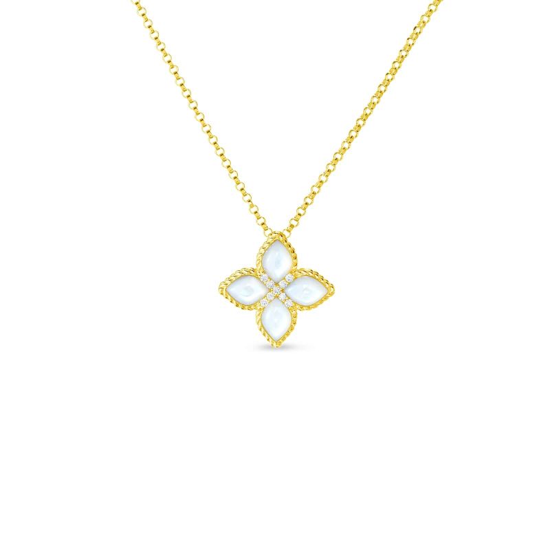 The Roberto Coin Venetian Princess 18K Yellow Gold Medium Mother-Of-Pearl & Diamond Necklace showcases an elegant flower-shaped Mother of Pearl pendant with four white petals accentuated by small round diamonds. The delicate 18K yellow gold chain enhances the refined design of the pendant.