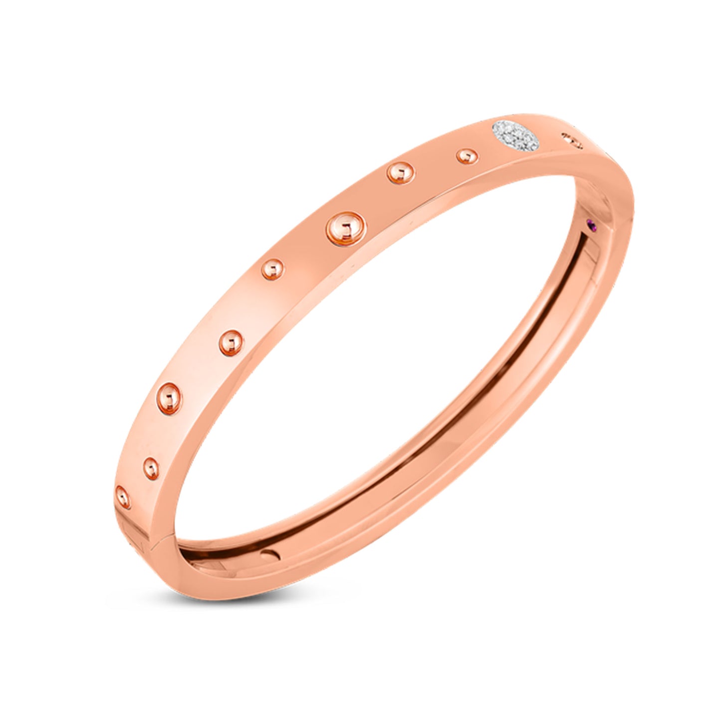 The Roberto Coin Pois Moi Luna 18K Rose Gold Diamond Bangle features small round studs, a single oval-shaped pave diamond accent, and a polished finish for an elegant, minimalist look.