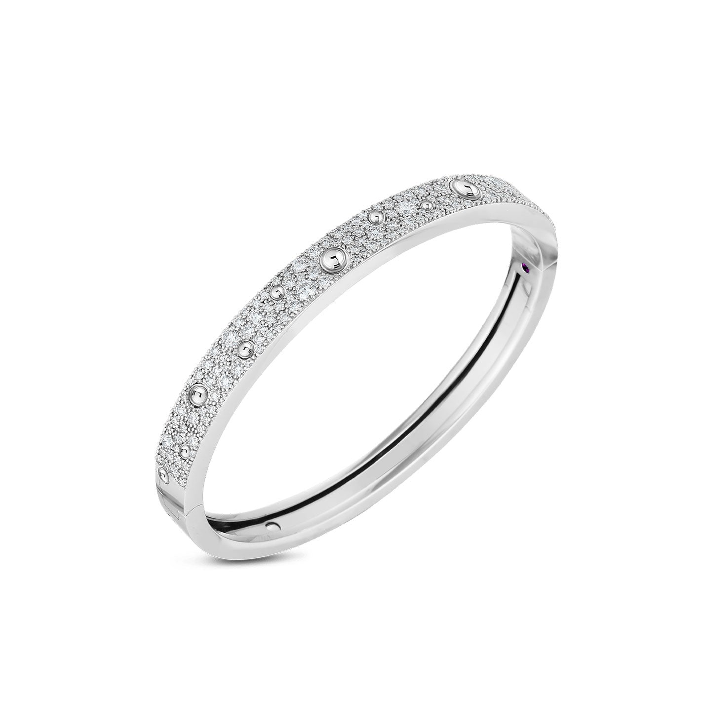 The Roberto Coin Pois Moi Luna 18K Yellow Gold Pave Diamond Bangle is elegantly displayed against a plain white background. Featuring a textured pattern adorned with small, round, sparkling diamonds, this exquisite piece highlights its shimmering and sophisticated design, echoing the distinctive style of Roberto Coin.