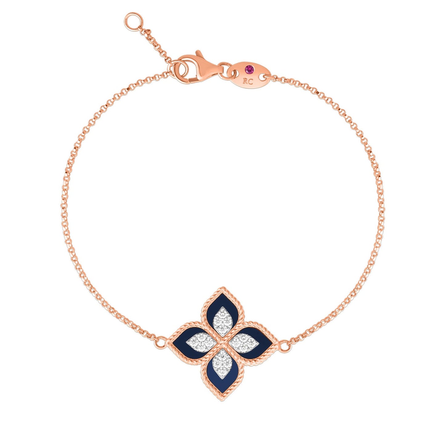 The Roberto Coin Princess Flower 18K Rosé Gold Lapis and Diamond Bracelet features a floral-shaped pendant with navy lapis petals, accented by sparkling round diamonds. The refined pendant elegantly hangs from a delicate chain, ensuring secure closure with a gold clasp.
