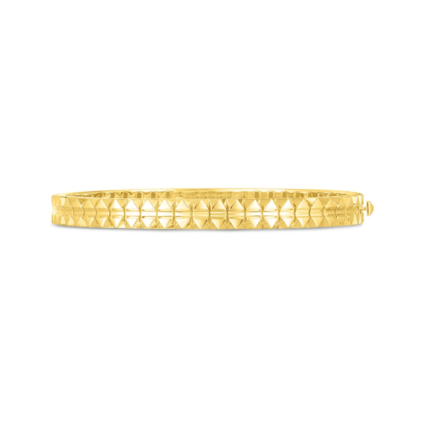 Presenting the Roberto Coin Obelisco 18K Yellow Gold Hinged Bangle, expertly crafted with a captivating geometric, pyramid-like pattern. Its polished, reflective finish highlights the seamless design encircling the entire band.