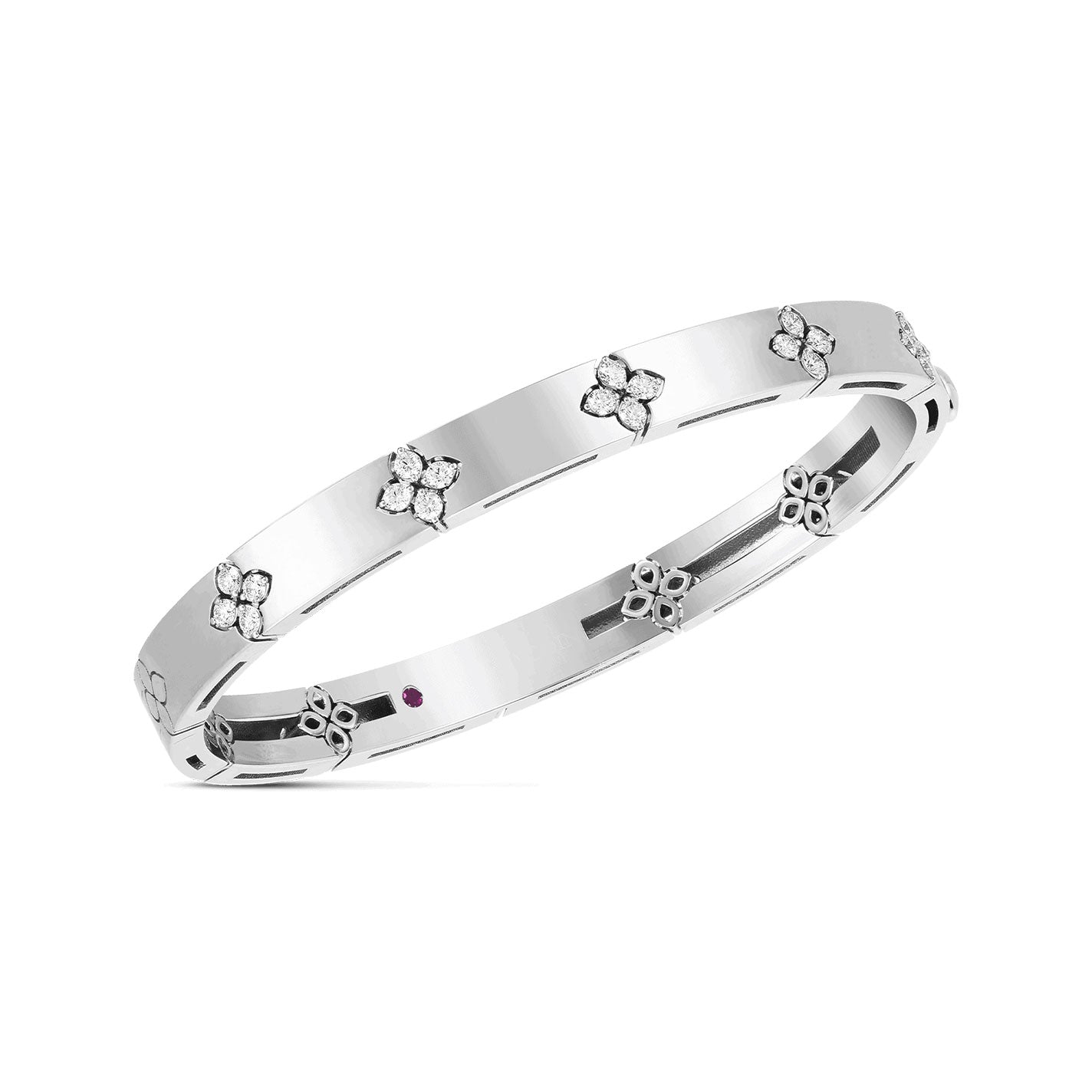 The Roberto Coin Love In Verona 18K White Gold Medium Width Diamond Accent Bangle beautifully captures Roberto Coin's signature elegance with its sleek design, featuring floral-shaped diamond accents evenly spaced around its surface.
