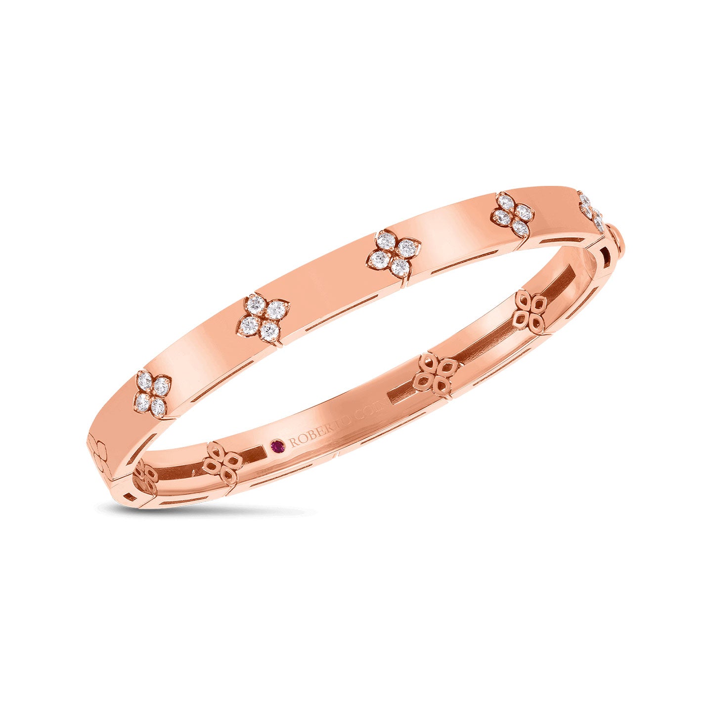 The Roberto Coin Love In Verona 18K Rose Gold Medium Width Diamond Accent Bangle showcases an elegant design with smooth finish, featuring intricate floral motifs embellished with diamonds along its circular band.