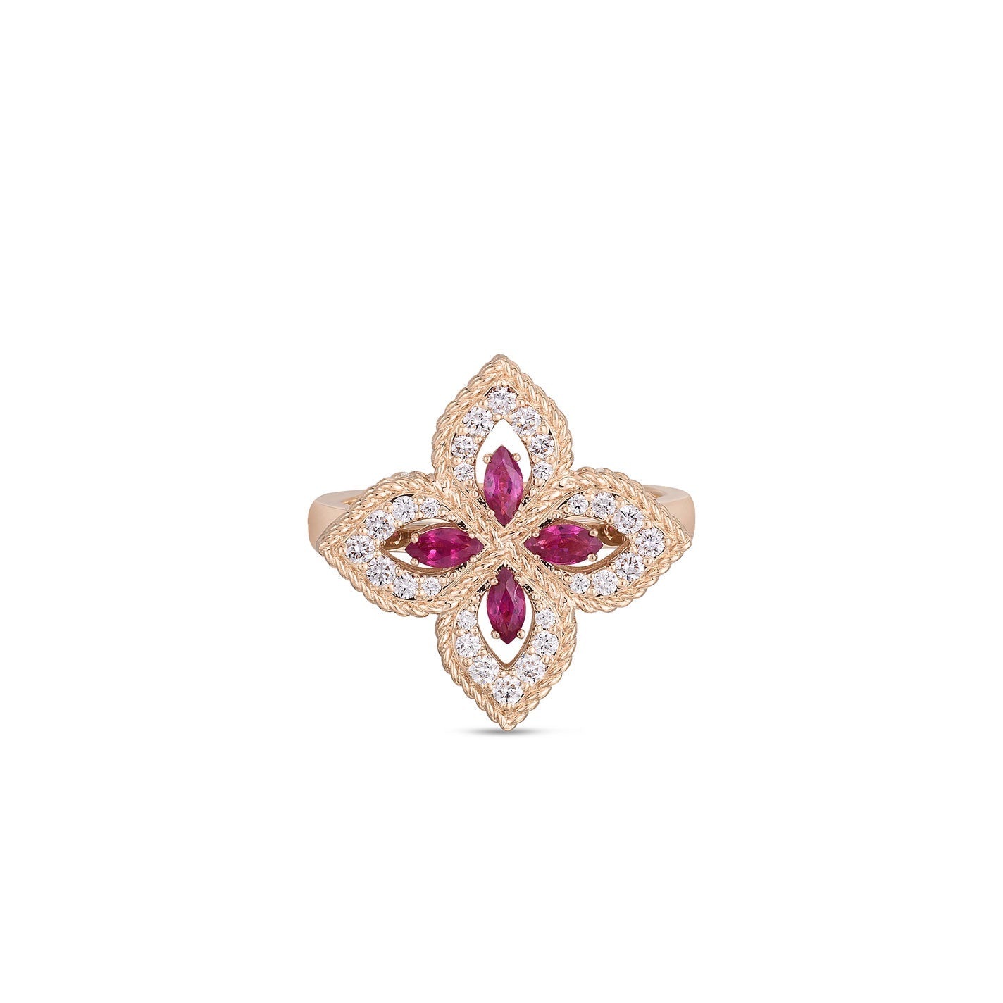 The Roberto Coin Venetian Princess 18K Rose Gold Marquise Ruby and Diamond Ring features a floral design with marquise ruby gemstones at the center, surrounded by small white diamonds in a petal-like arrangement. The band is simple and elegant.