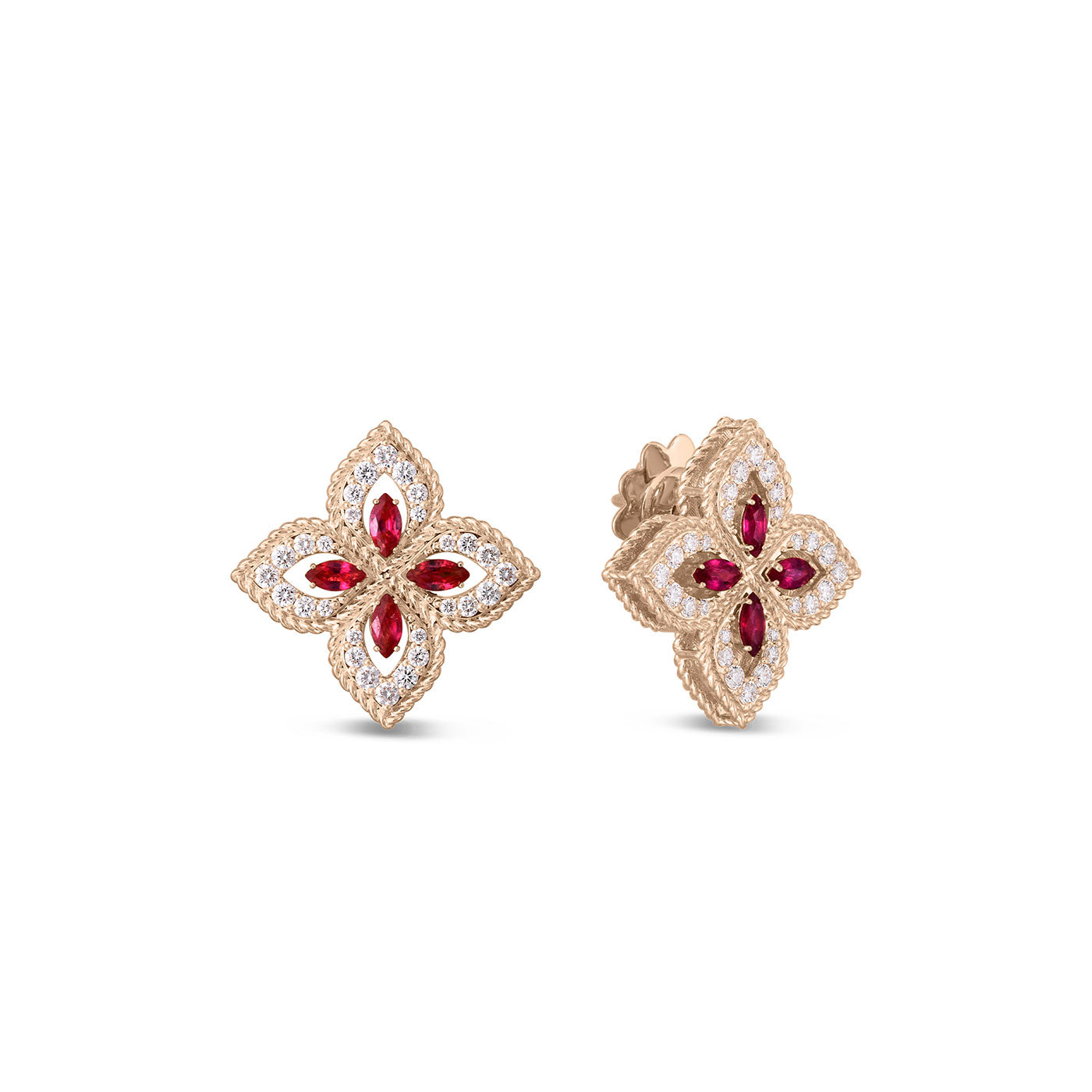Introducing the Roberto Coin Venetian Princess 18K Rose Gold Stud Earrings: These exquisite flower-shaped earrings feature marquise-cut red gemstones at their center, beautifully encircled by delicate white stones. The intricate design highlights the exceptional craftsmanship synonymous with Roberto Coin's renowned Venetian Princess collection, all set in luxurious 18K rose gold.