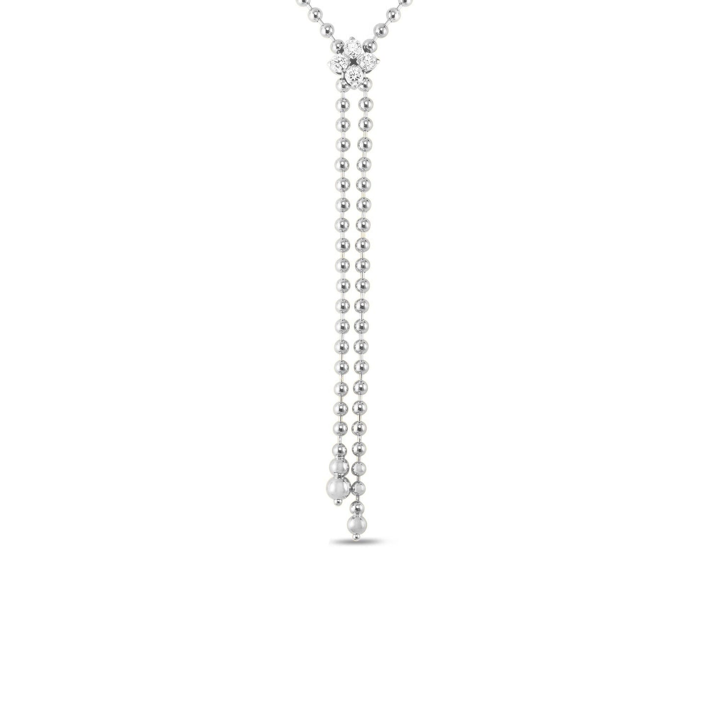 The Roberto Coin Love in Verona 18K White Gold Diamond Flower Zipper Necklace features a 0.65 TCW diamond flower cluster and two silver bead strands, each ending with a single bead, for a delicate and elegant look.