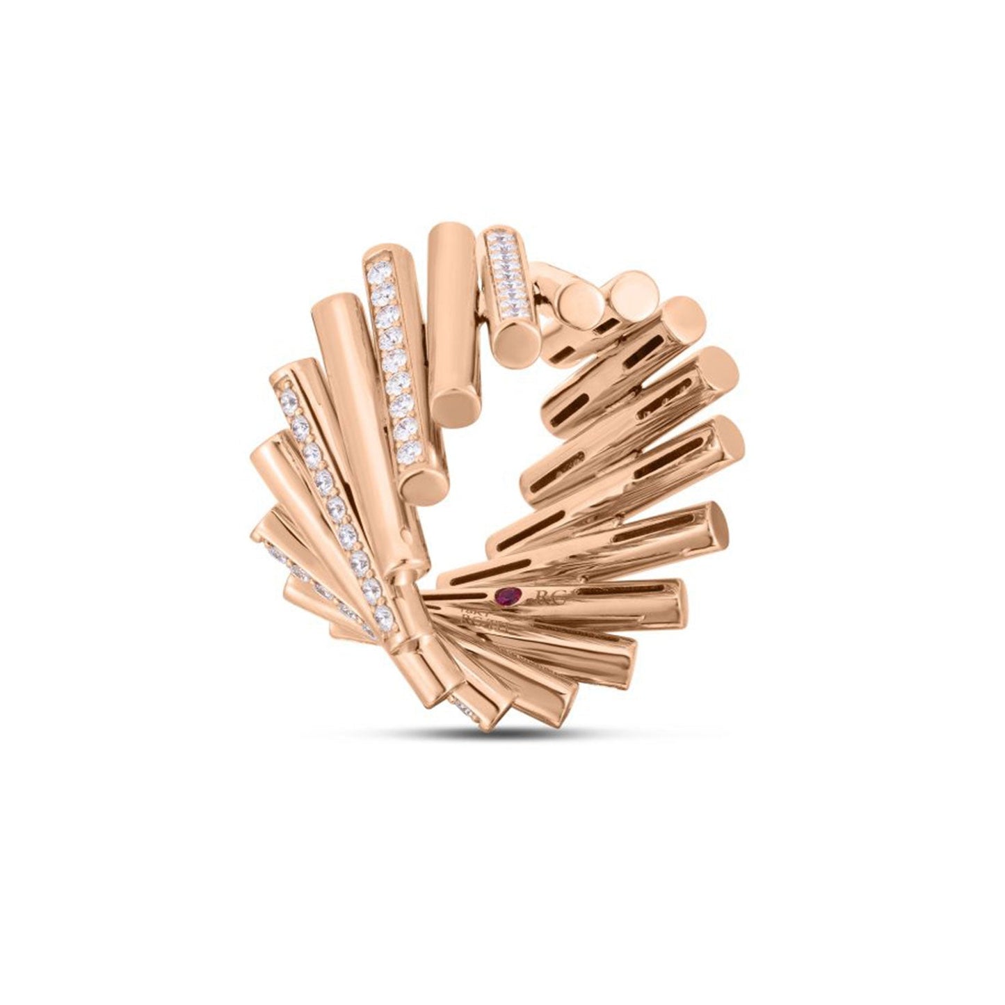 The Roberto Coin Domino 18K Rose Gold Alternating Diamond Accent Ring features a spiral design with cylindrical segments, some of which are adorned with round diamonds, while a single small ruby adds a colorful accent to this exquisite piece.