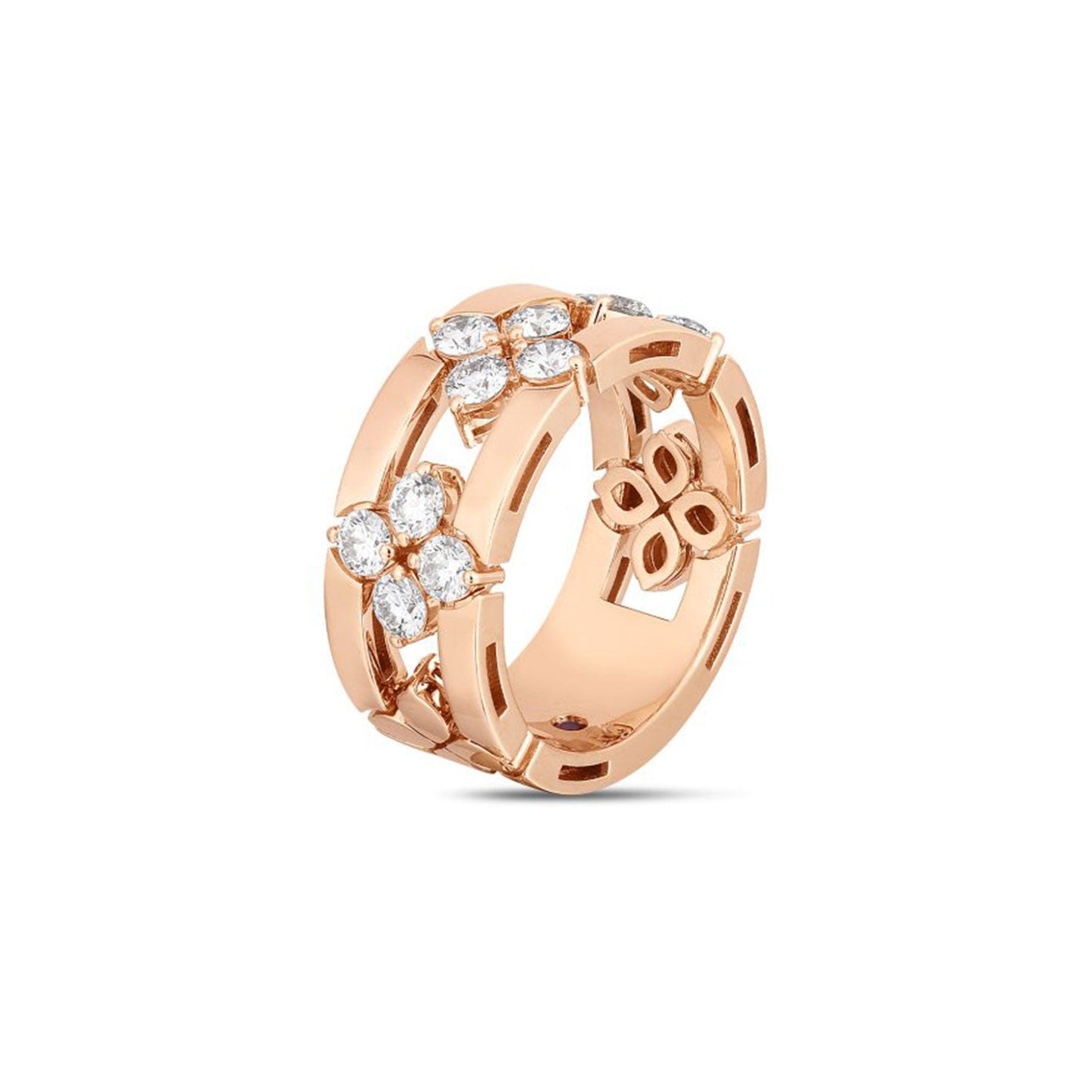 The Roberto Coin Love In Verona 18K Rose Gold Diamond Open Frame Ring is adorned with floral motifs and clusters of small diamonds. The wide band intricately showcases a blend of elegance and modernity.