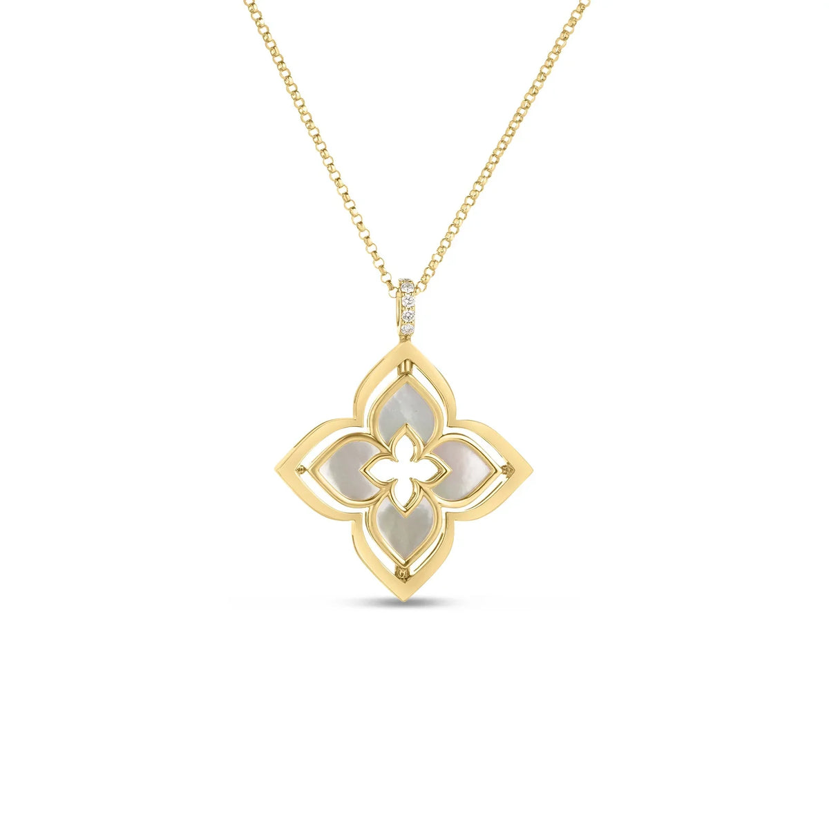 Roberto Coin 18K Yellow Gold Mother of Pearl and Diamond Necklace Pendant featuring an 18K yellow gold four-petaled flower with mother-of-pearl inlays and pavé diamonds, hanging from a gold chain.