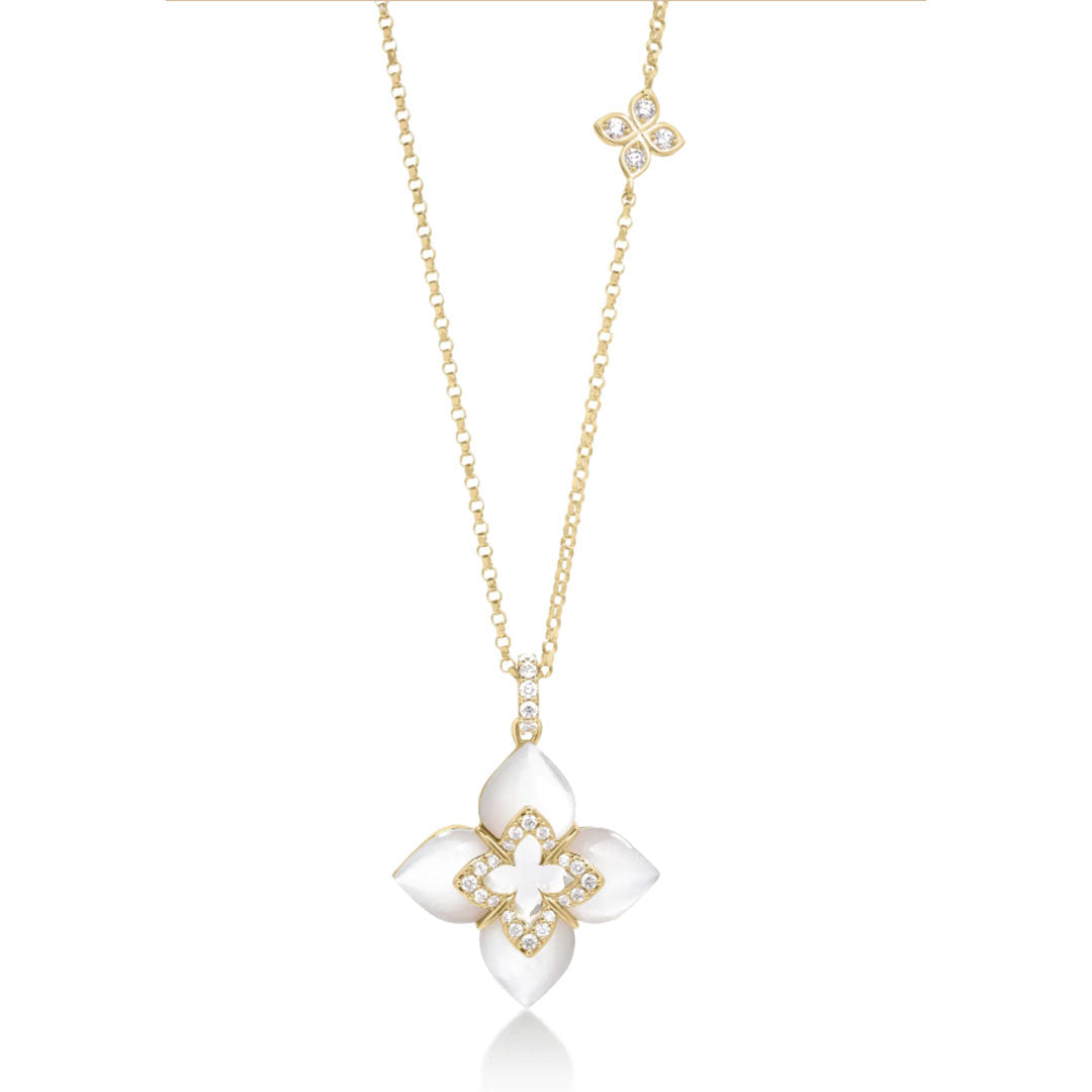 The Roberto Coin Venetian Princess Cabochon Flower 18K yellow gold necklace features a large mother of pearl flower pendant with diamond accents and a smaller matching flower charm above.