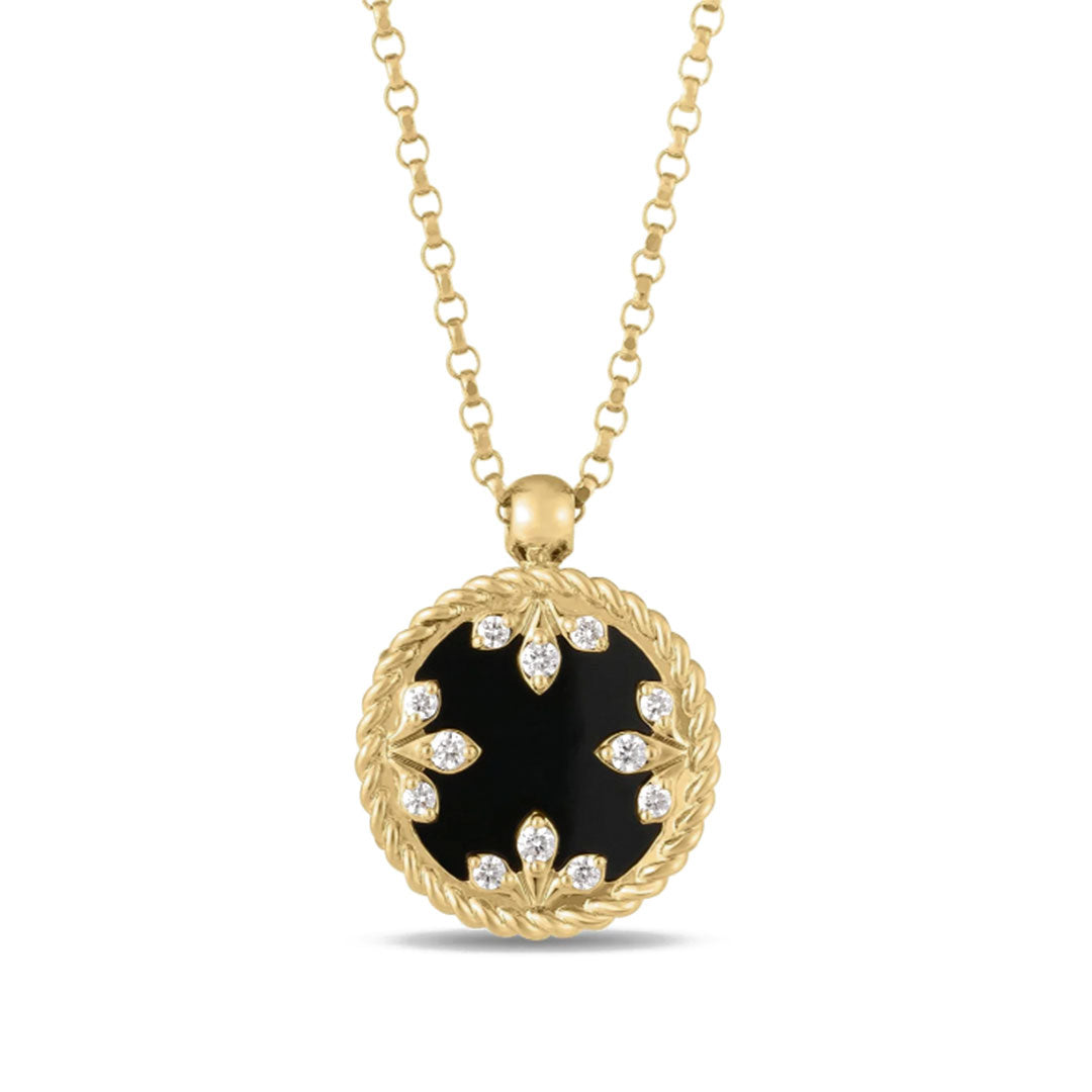 The Roberto Coin Venetian Medallions 18K Yellow Gold Black Jade and Diamond Small Necklace Pendant features a round black jade center, diamond floral accents, and a twisted gold border, elegantly suspended from a gold chain.