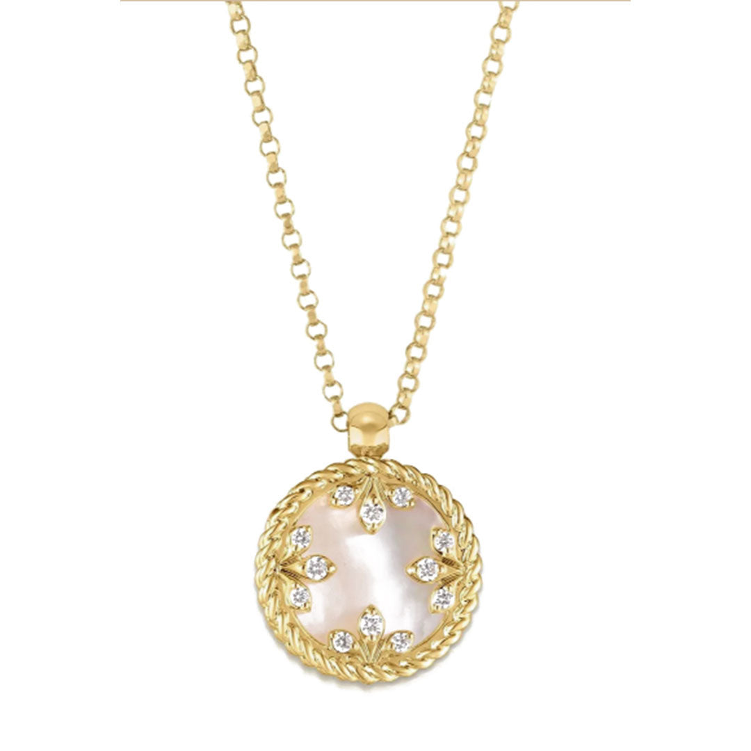 The Roberto Coin Venetian Medallions Necklace features an 18K yellow gold pendant with mother-of-pearl center, diamond accents, sparkling stones, and a twisted rope border.
