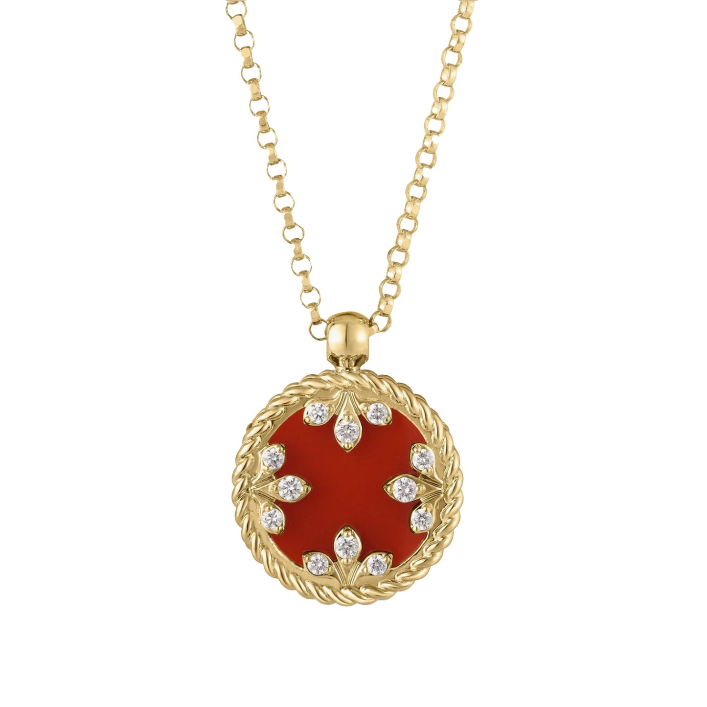 The Roberto Coin Venetian 18K Yellow Gold Red Agate with Diamond Necklace Pendant features a round red agate pendant bordered by twisted gold rope and adorned with delicate diamond floral accents.