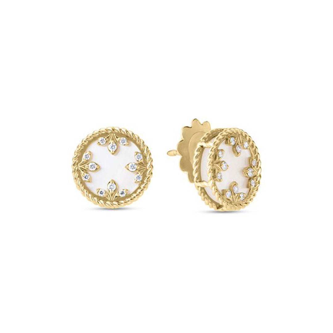 The Roberto Coin Venetian Medallions 18K yellow gold stud earrings feature mother of pearl centers, sparkling diamonds, and a twisted rope border in a delicate floral design.