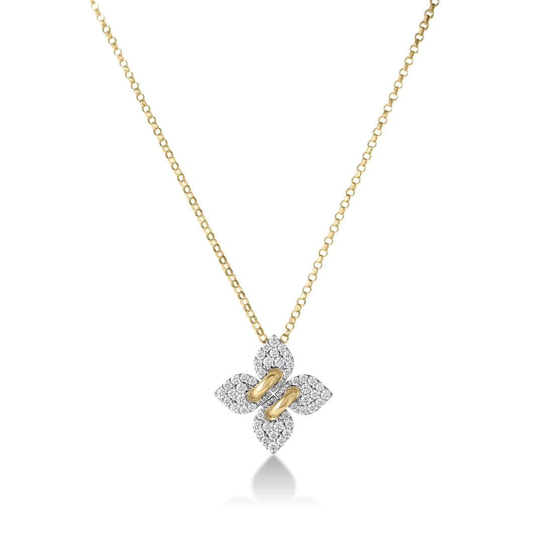 The Roberto Coin Love In Verona 18K Yellow Gold Small Pave Diamond Flower Necklace Pendant features a pavé-set diamond flower with gold accents, against a plain white background.