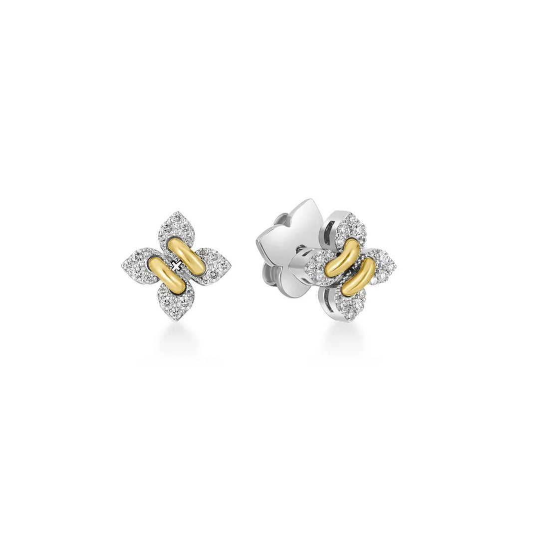 The Roberto Coin Love in Verona 18K White and Yellow Gold Diamond Stud Earrings feature sparkling diamond-adorned white gold petals with a yellow gold oval center, displayed against a white background.