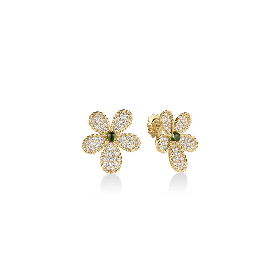 The Roberto Coin Jasmine 18K Yellow Gold Pave Diamond and Green Tourmaline Flower Stud Earrings feature five diamond-encrusted petals and a vibrant green tourmaline center, shown here on a white background.