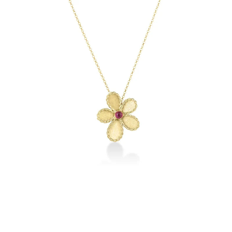 Roberto Coin Jasmine 18K Yellow Gold Green Tourmaline Flower Necklace featuring a flower-shaped pendant with a central pink gemstone.