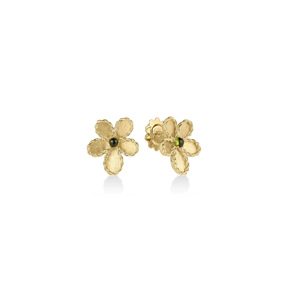 Roberto Coin Jasmine 18K Yellow Gold Green Tourmaline Flower Earrings featuring a pair of 18K yellow gold flower-shaped studs with a small green tourmaline at the center of each.