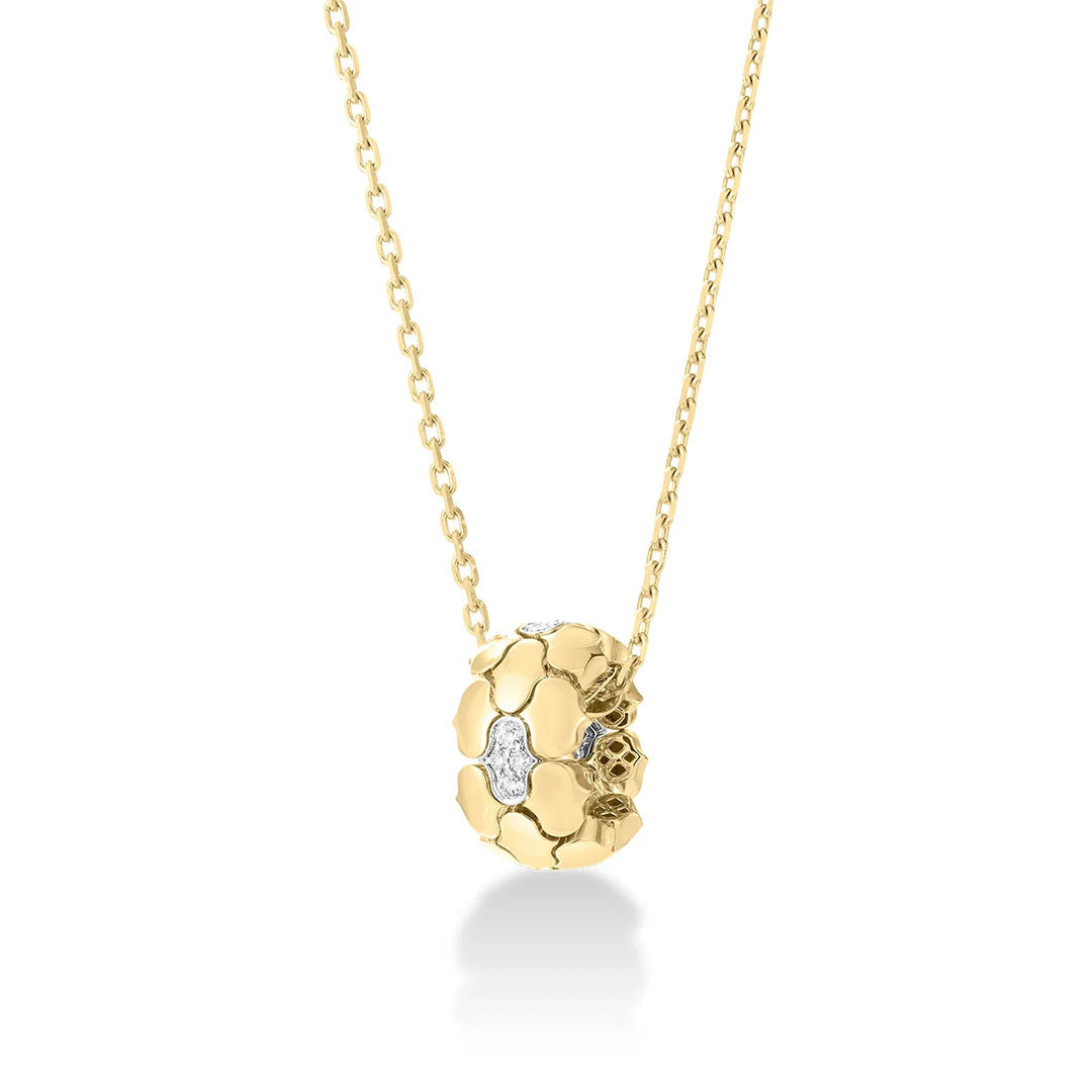 The Roberto Coin Cobra 18K Yellow Gold Medium Pave Diamond Rondel Necklace features a textured round pendant with sparkling diamond accents, blending delicate elegance with cobra-inspired design.