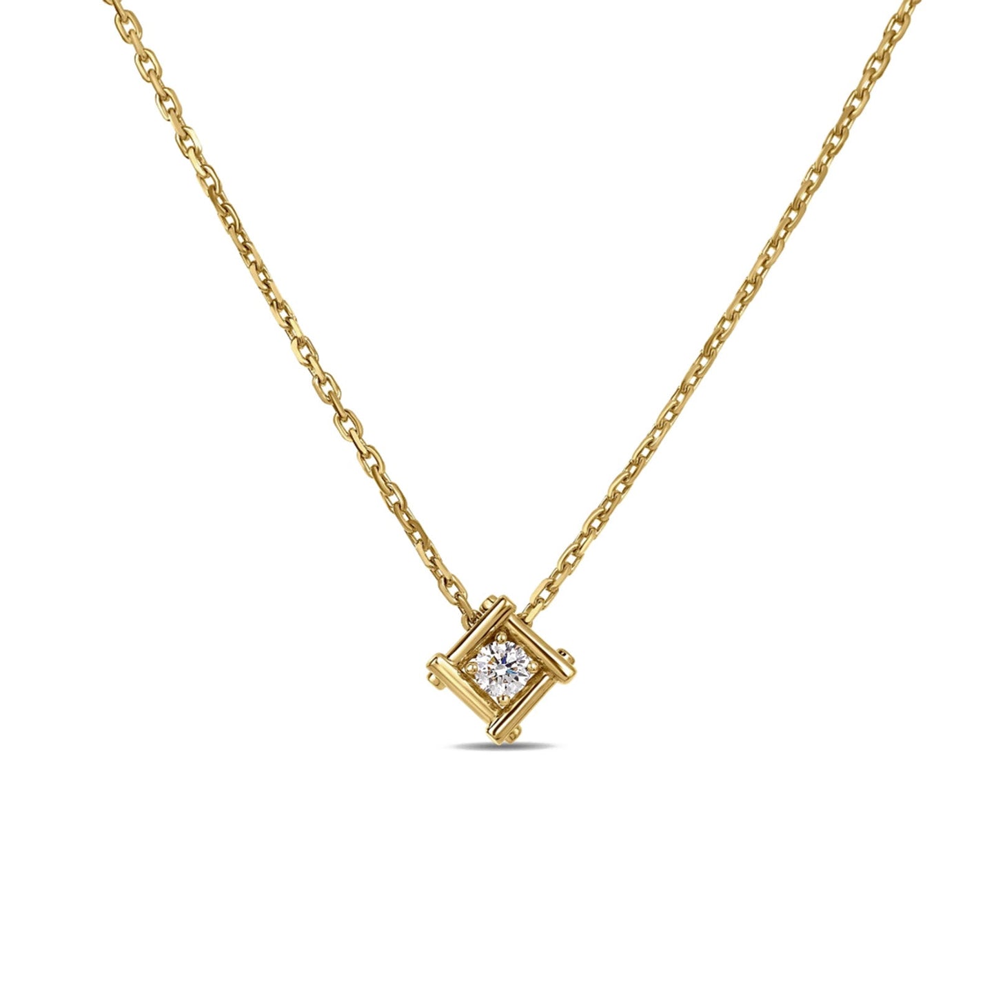 The Roberto Coin Domino 18K yellow gold necklace features a square bezel pendant with a solitaire diamond at the center—a timeless piece for everyday elegance.