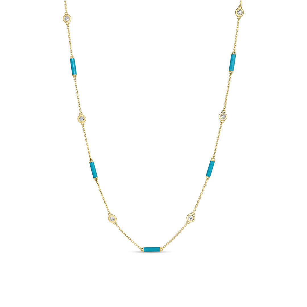 The Roberto Coin Diamond by the Inch 18K Yellow Gold Turquoise Enamel Bar and Diamond Bezel Station Necklace features small round diamonds totaling 0.34 carat alongside evenly spaced cylindrical turquoise enamel bars, all set on a delicate chain and showcased against a plain white background.