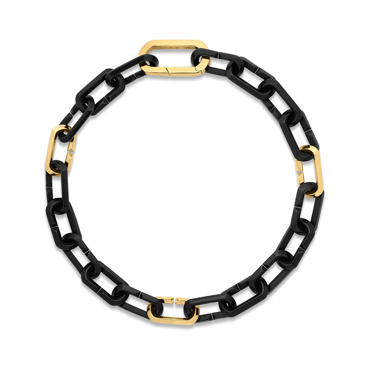 A Roberto Coin Designer Black Titanium and 18K Yellow Gold Chain Bracelet featuring alternating black and gold rectangular links, arranged in a circle on a white background.