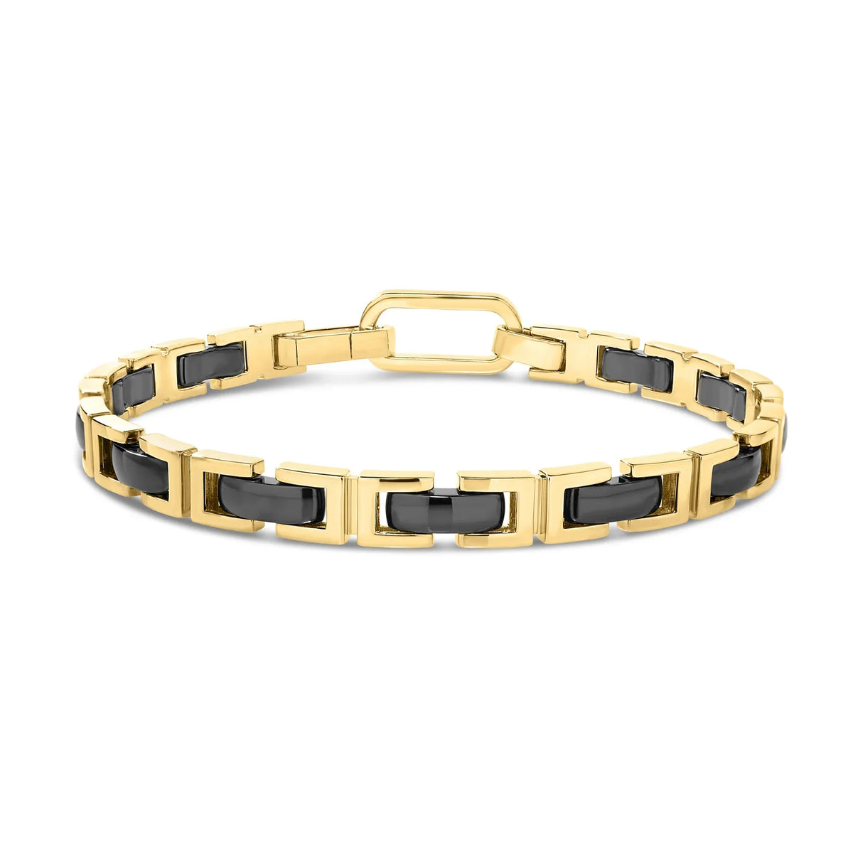 Roberto Coin Designer 18K Yellow Gold Black Ceramic Rectangle Link Chain Bracelet featuring alternating rectangular 18K yellow gold frames and black ceramic segments.