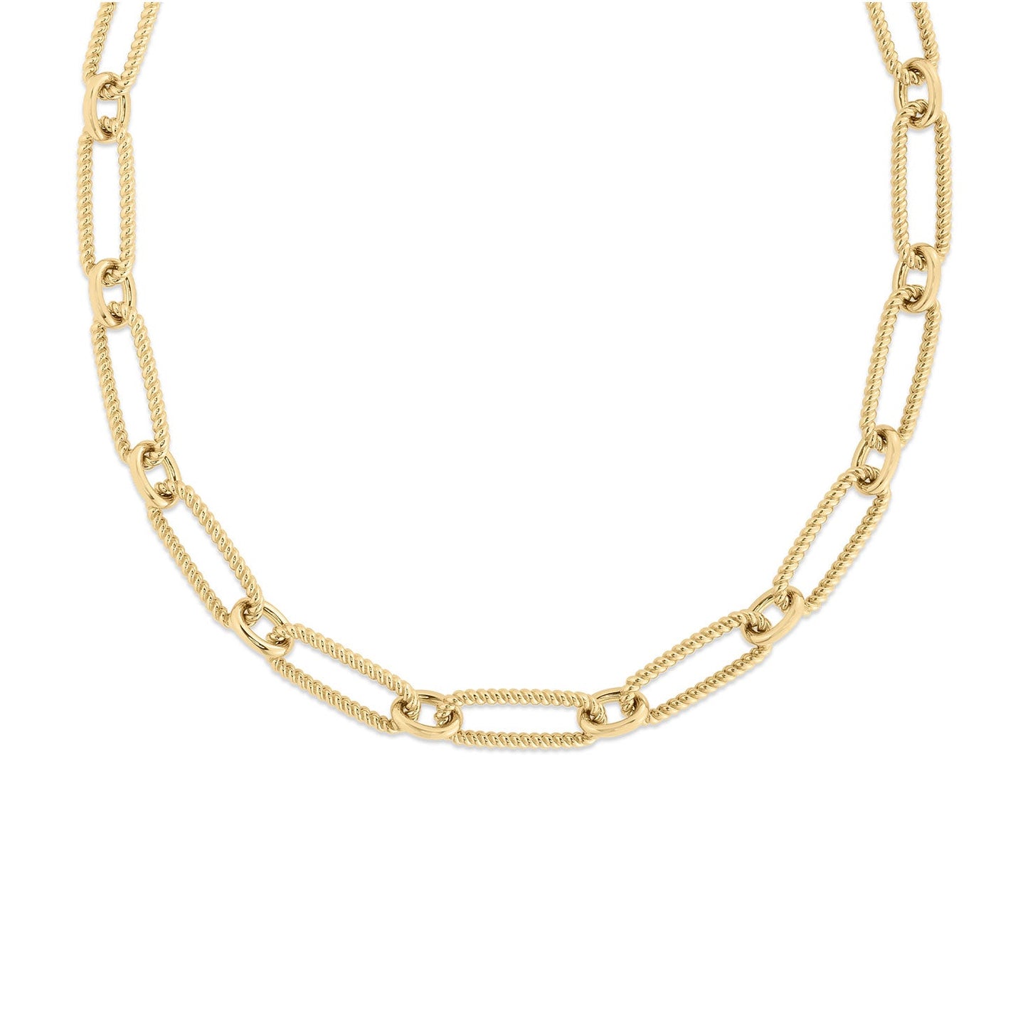 The Roberto Coin Designer 18K Yellow Gold Alternating Fluted Paperclip and Oval Link Necklace features interlocking links with a textured, rope-like design, forming an elegant and symmetrical pattern. Part of the Roberto Coin brand's collection, it is beautifully displayed against a white background.