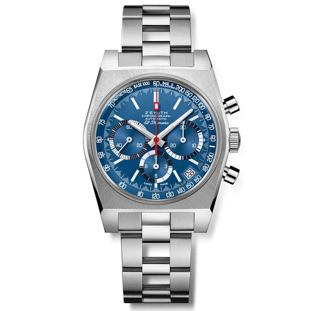 The ZENITH Chronomaster Revival El Primero 400 37mm Watch is a sleek silver timepiece featuring a blue dial with three sub-dials, a date display, and a tachymeter scale. Inspired by El Primero, it includes a stainless steel link bracelet and two side buttons.