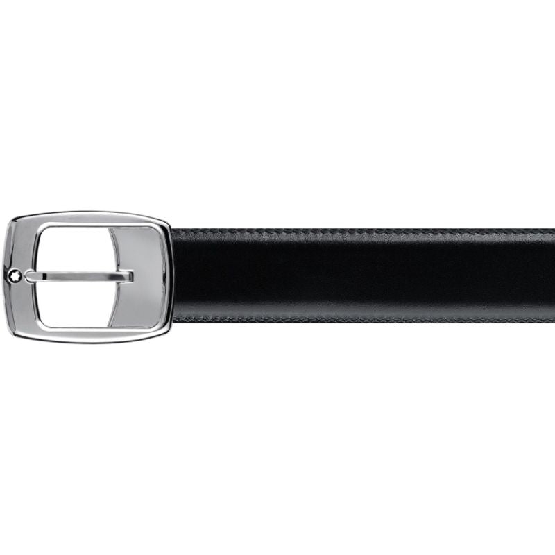 Montblanc Casual Reversible Leather Belt in black featuring a sleek palladium-coated rectangular buckle, displayed on a white background.