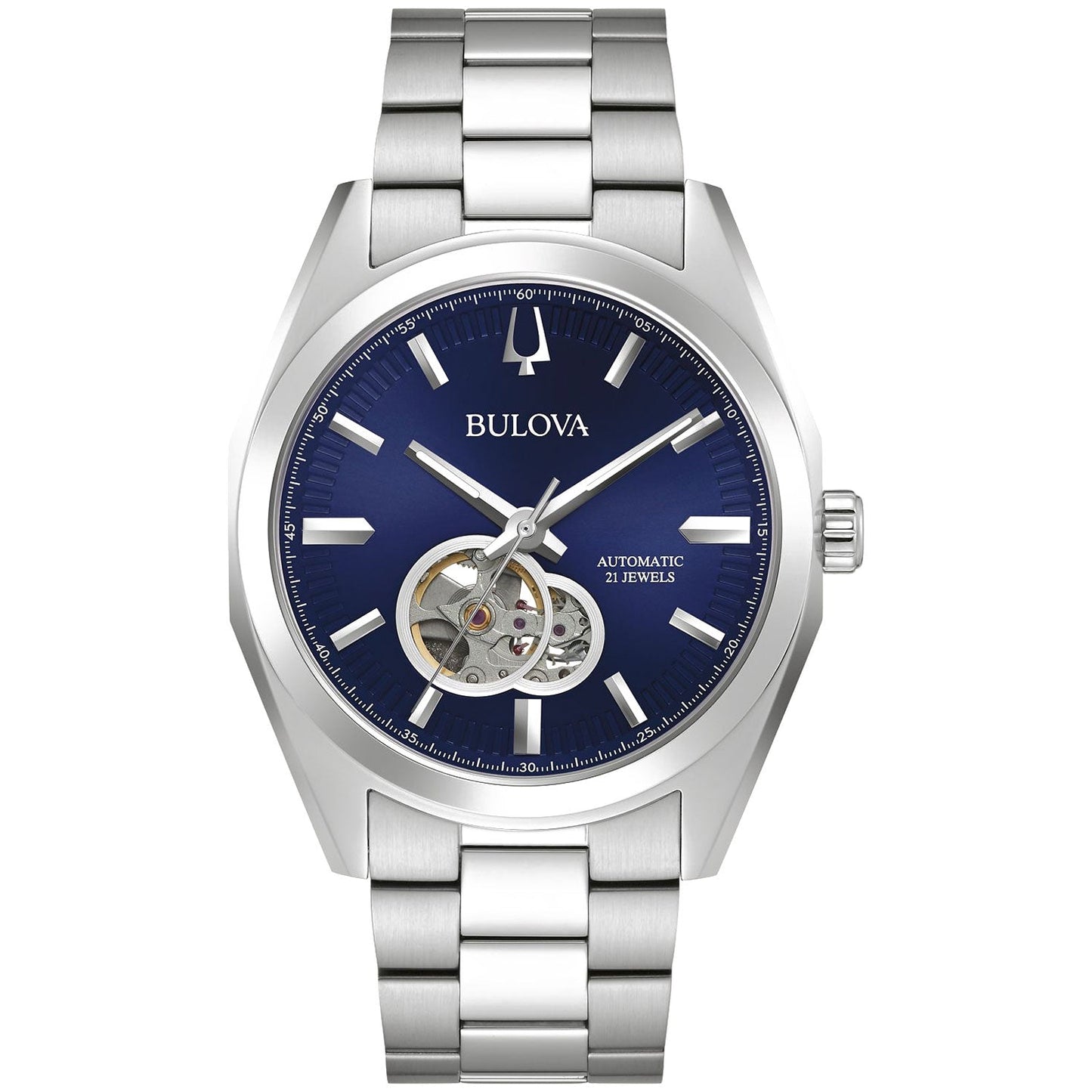 The Bulova Surveyor Automatic 42mm Watch is a luxurious timepiece featuring a blue dial that beautifully showcases a visible skeleton mechanism. It is adorned with silver hour markers and hands, and completed with a stainless steel bracelet. The watch proudly displays "Automatic" and "21 Jewels.