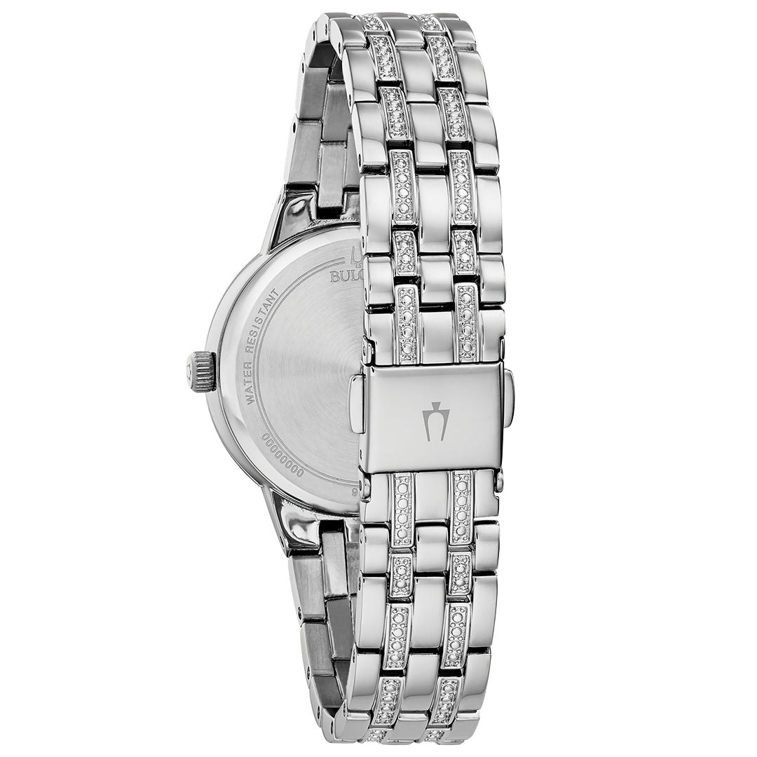 The Bulova Phantom Quartz 32.5mm Watch features a sleek stainless steel wristband adorned with intricate links and sparkling small crystals. The back includes a clasp engraved with a distinctive symbol, while the face of the watch is concealed, creating an aura of mystery.