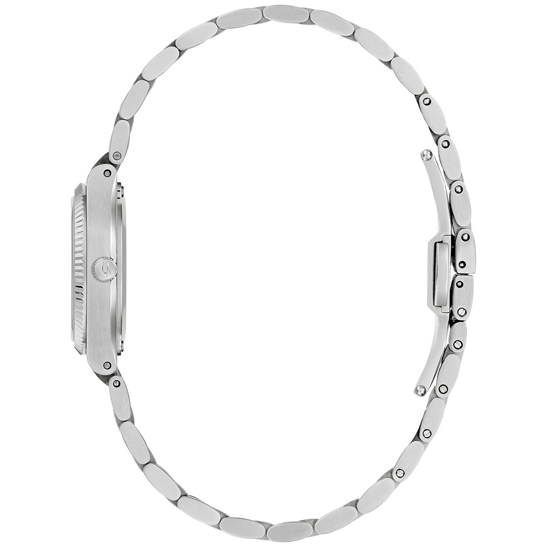 Side view of the Bulova Super Seville Mini Quartz 25mm Watch, showing its silver metal case thickness, visible crown, partially open link bracelet, clasp mechanism, and vibrant red mother-of-pearl dial.