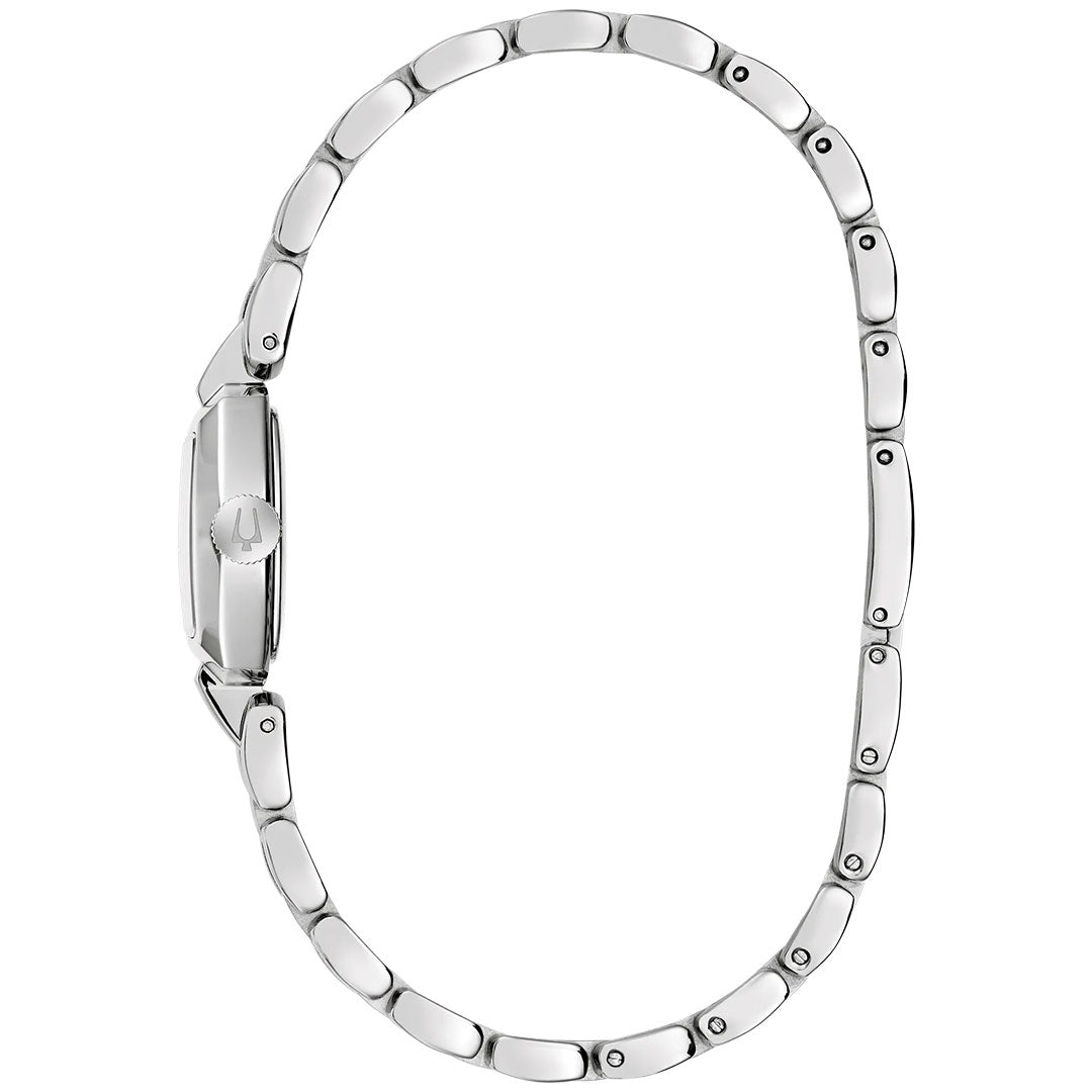 A side view of the Bulova Goddess of Time Jackie Quartz 18mm Watch showcases its silver metal construction, with an elegant oval-shaped chain link band and a thin watch face featuring a striking blue dial—all part of Bulova's renowned women's collection.