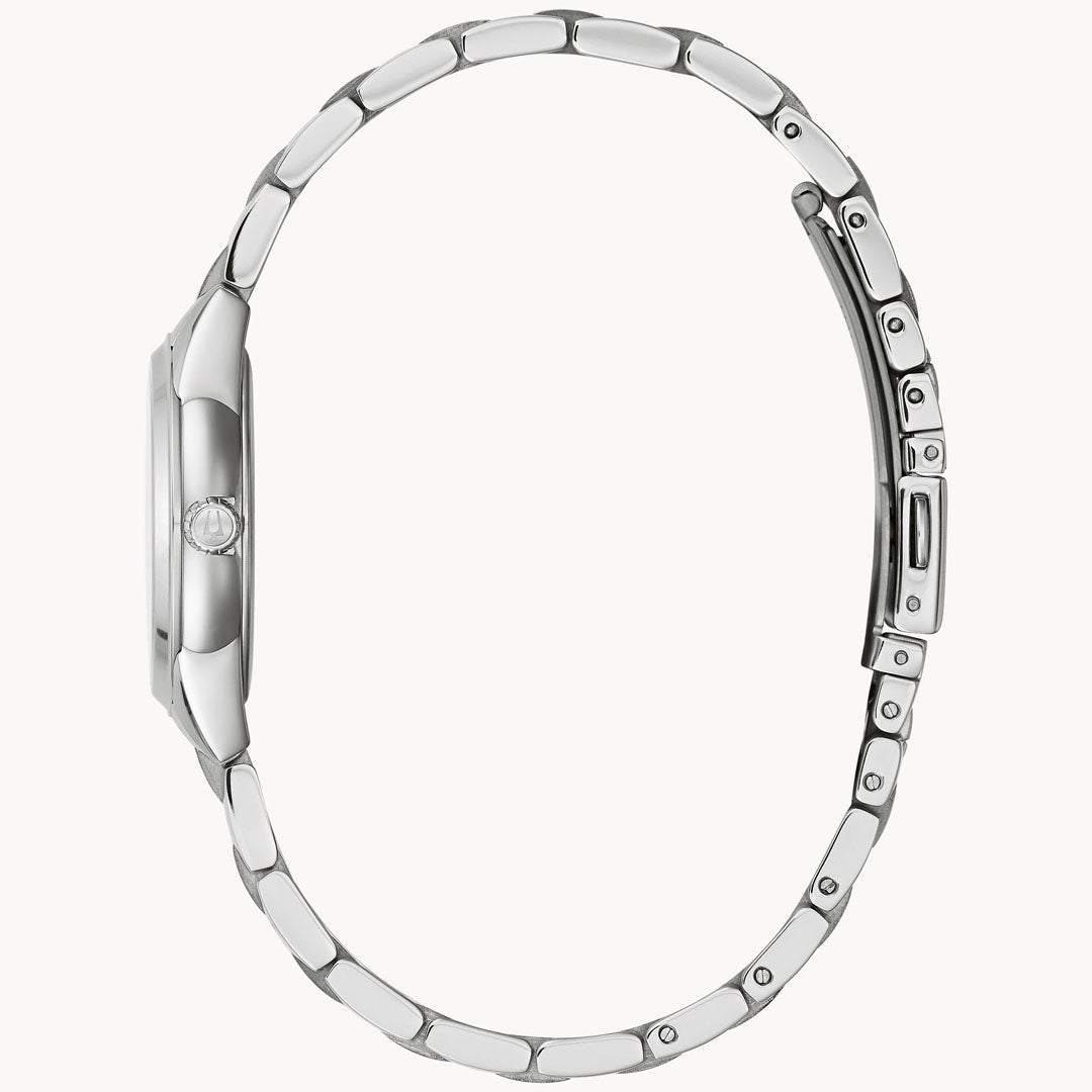 As a distinguished piece from the Bulova Sutton collection, the Bulova Sutton Quartz 28mm Watch showcases a stylish and elegant silver wristwatch design. Its narrow metal link bracelet and side profile view accentuate its sleek design and polished stainless steel finish, capturing the sophistication of a Bulova ladies' timepiece.