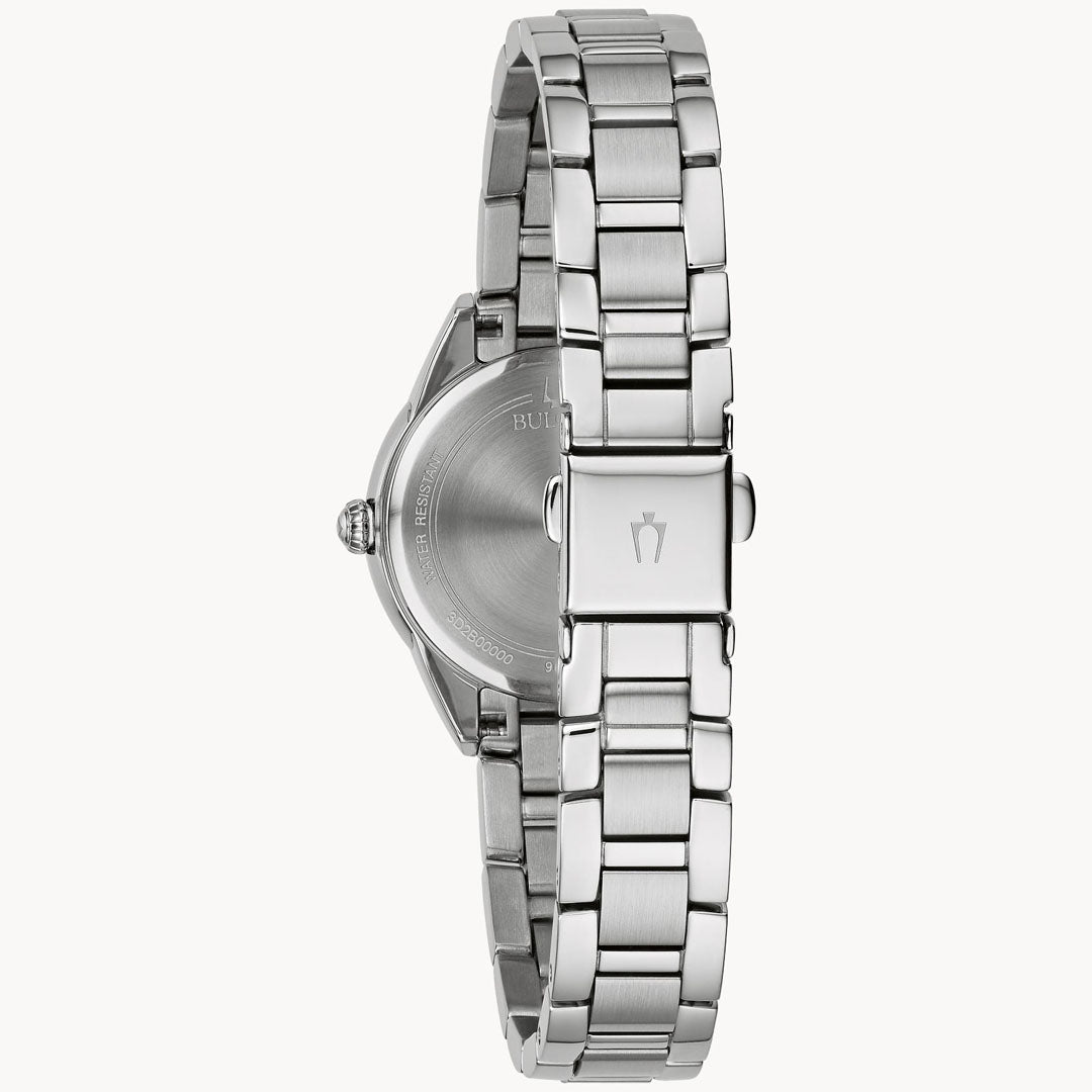 The image displays the back view of a Bulova Sutton Quartz 28mm Watch, crafted from stainless steel with a polished silver bracelet. A clasp is visible, showcasing an engraved logo. The watch face is not shown.