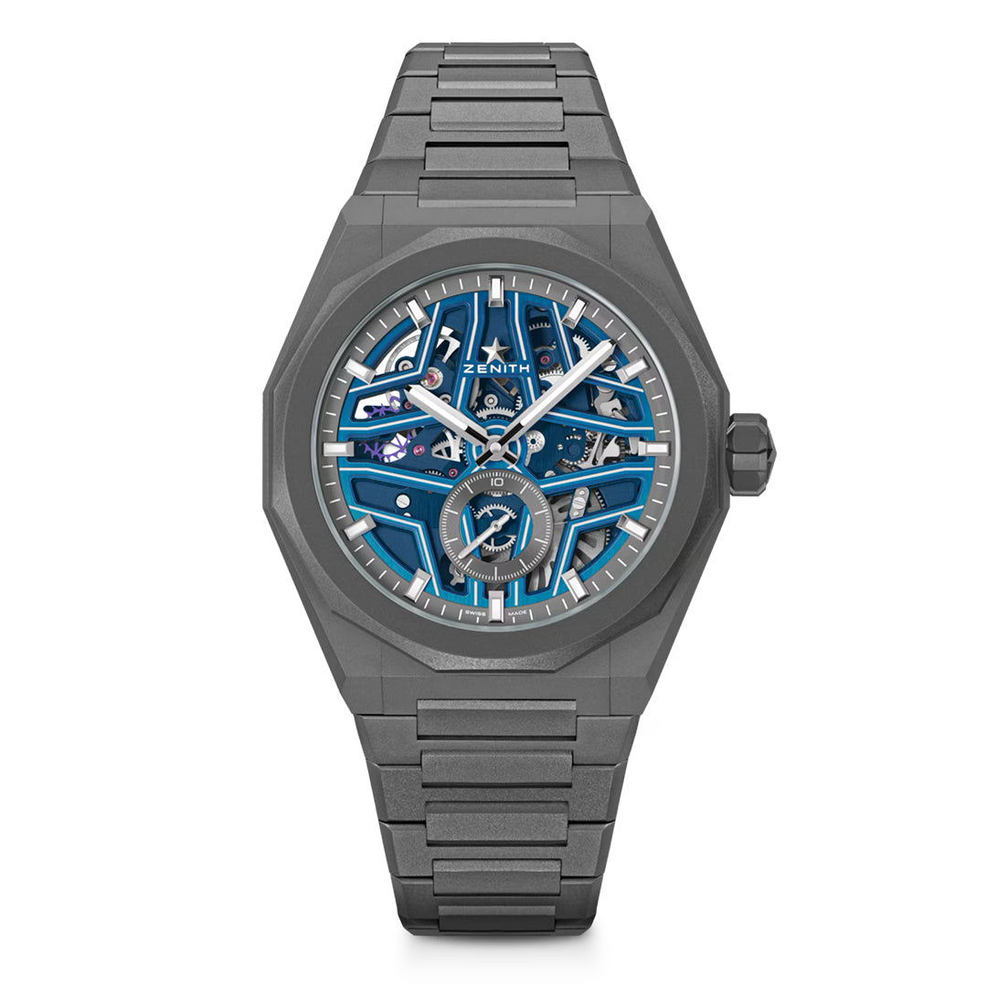 Introducing the ZENITH Defy Skyline El Primero 3620 SK 41mm Watch, a limited edition stainless steel timepiece featuring a futuristic blue skeleton dial, intricate gears, silver hour markers, hexagonal bezel, and matching bracelet with fold-over clasp.