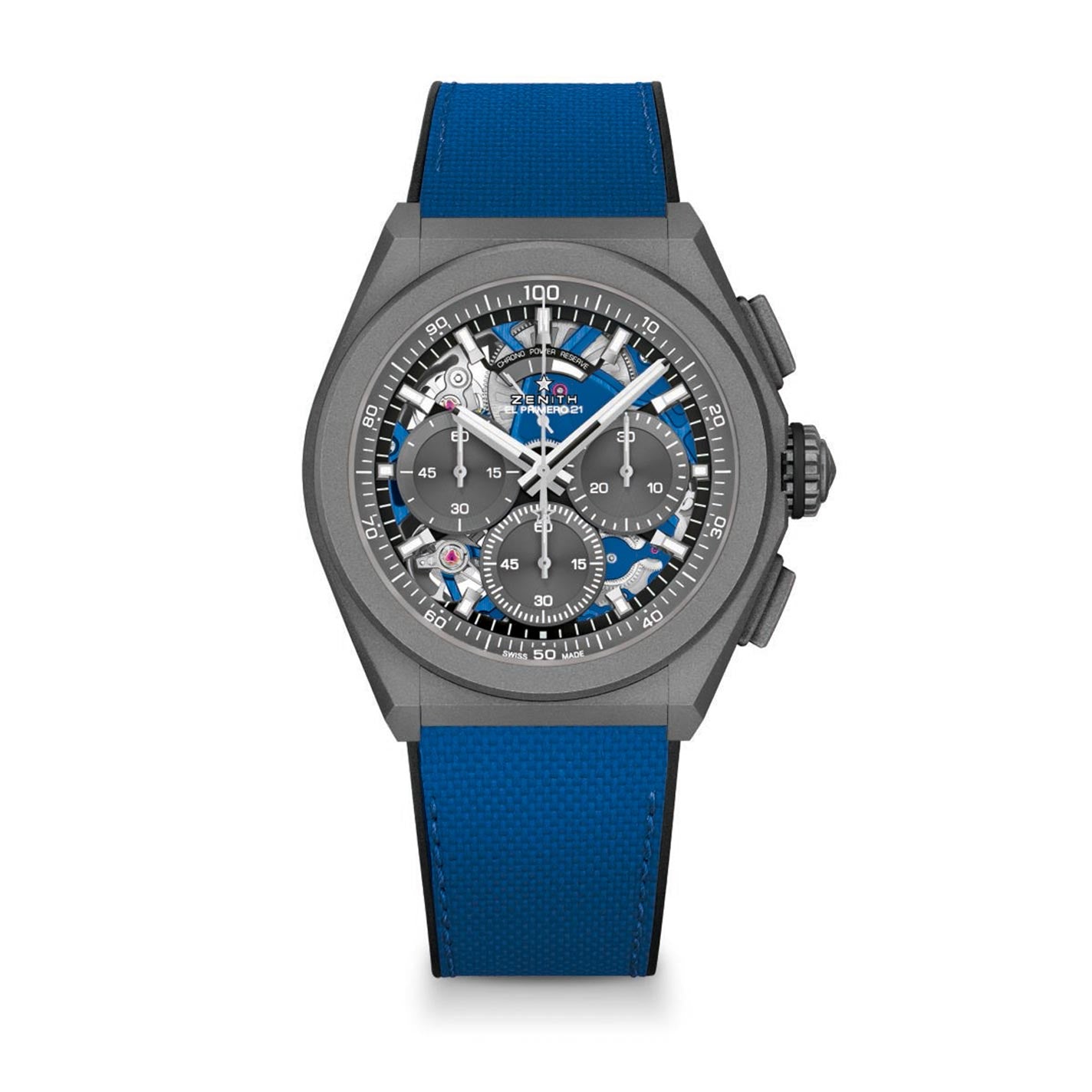 The ZENITH Defy 21 Ultrablue is a luxurious watch featuring a sleek matte titanium casing and a blue textured rubber strap. Its intricate open dial showcases the internal gears and mechanisms, highlighting the El Primero 21 automatic chronograph with three subdials and a prominent crown on the side, accented elegantly in blue by Zenith.