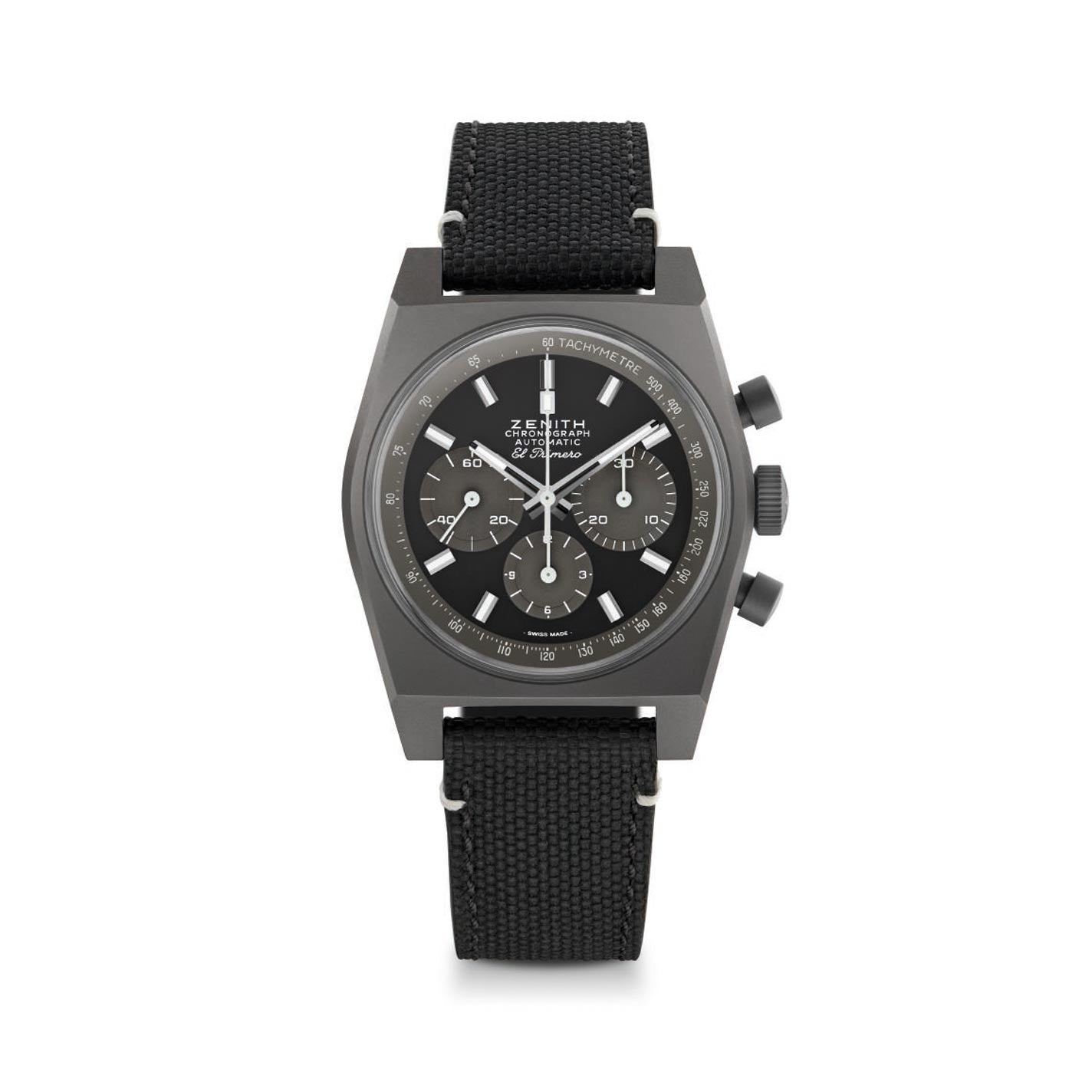 The ZENITH Chronomaster Revival Shadow El Primero 4061 Automatic Chronograph 37mm Watch showcases a black dial with three subdials and a tachymeter scale on the bezel. It features a matte-finished titanium case and a textured black strap, prominently displaying the Zenith brand name and watch details on its face.