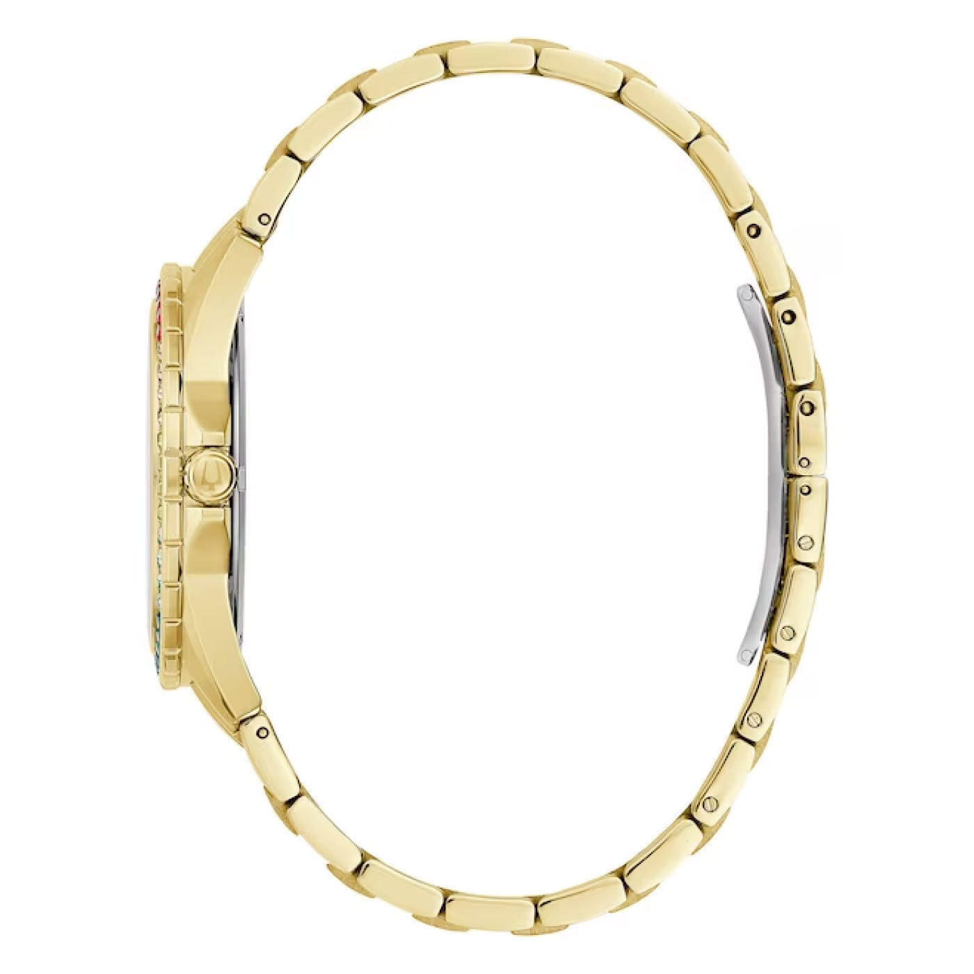 A side view of the Bulova Phantom Quartz 40mm Watch, showcasing its gold-tone stainless steel linked bracelet. This timepiece from Bulova's Crystal collection features a slim profile with a round face, crown, and clasp. The adjustable bracelet includes multiple links and a polished finish.