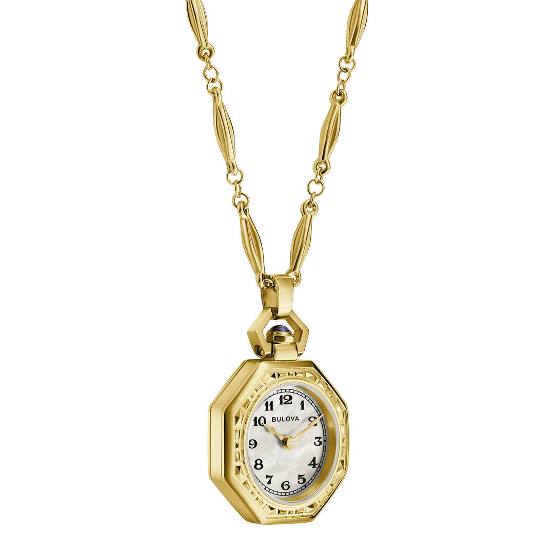 The Bulova 150th Anniversary Rubaiyat Quartz Necklace Pendant 25.5mm Watch features a gold-tone octagonal pendant, white dial with black numerals, and elegant decorative chain links.