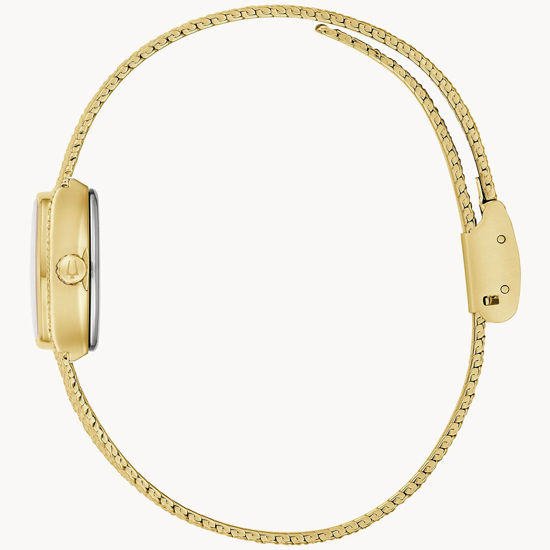 The Bulova Goddess of Time Quartz 17mm Watch features a slim gold-tone stainless steel profile, a minimalist round face, and a sleek gold mesh band with a simple clasp.