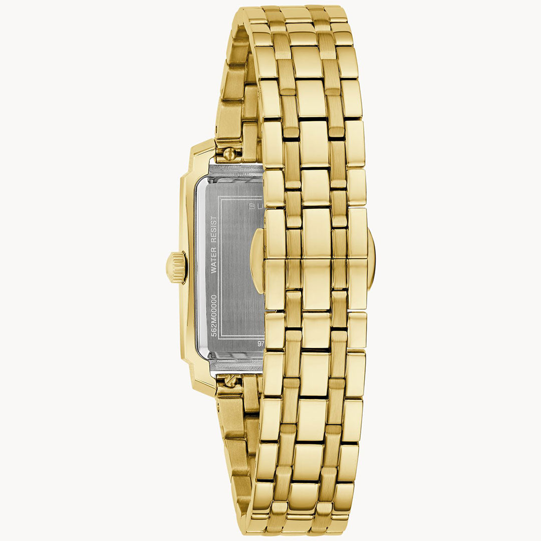 The Bulova Sutton Quartz 25mm Watch is shown from the back, featuring its gold-tone stainless steel link bracelet and rectangular case with a visible stainless steel caseback.
